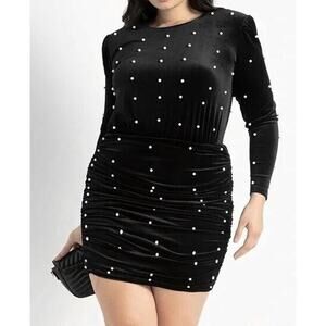 A8 NWT ELOQUII Black Velvet Faux Pearl Embellished L/S Bodycon Dress Size 16